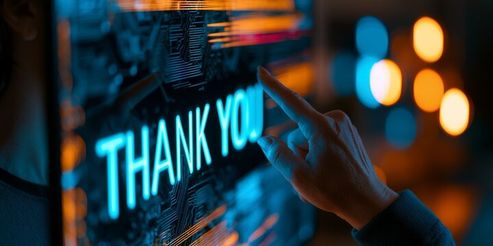 Hand touching glowing cyan neon thank you message on futuristic digital circuit screen, concept for customer appreciation, business gratitude and client feedback