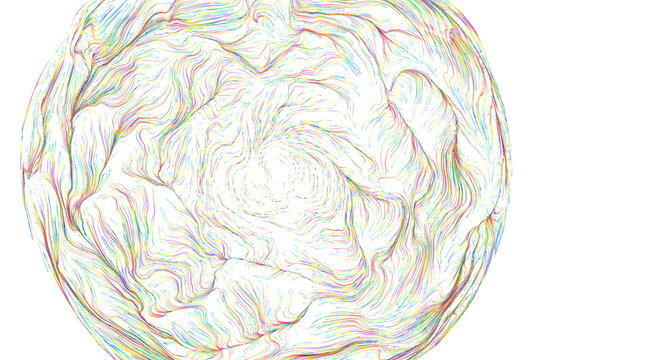 Dynamic abstract pattern of colorful flowing lines forming a sphere, evoking energy and movement.