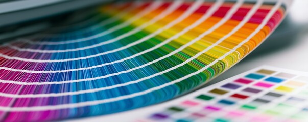 Fototapeta premium Detailed close up of vibrant colorful fan-shaped color palette swatches guide book on table, concept for graphic design, professional printing and corporate brand identity development