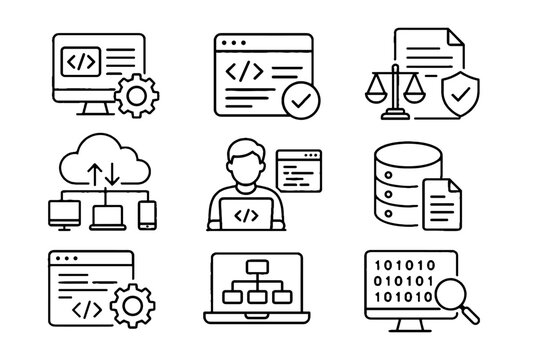Software development and cloud technology line icon set