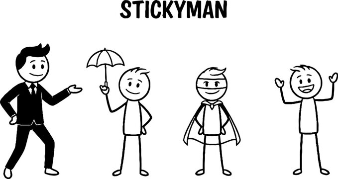 Cartoon stick figures in various poses and outfits.