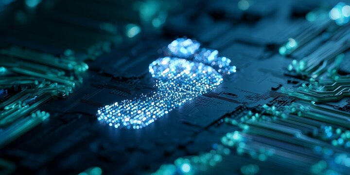 Glowing blue digital footprint particle icon on dark futuristic electronic circuit board background, concept for digital tracking, green technology and carbon footprint analysis