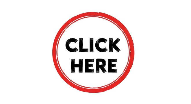 Red circular button with bold white text reading 'CLICK HERE' against a clean white background.