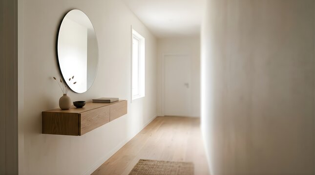 Modern minimalist hallway interior with floating wooden console and mirror