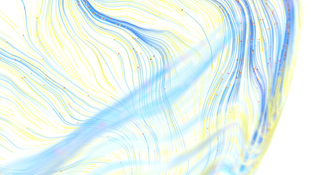 Gentle abstract flow of blue and yellow lines with sprinkled particles suggesting movement and energ