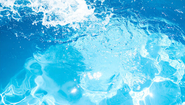 水面　青い水の波紋と輝く水しぶきの背景素材　透明感のある夏の海やプールの清涼感あふれるイメージ　文字入れに適したコピースペース付きの爽やかなデザイン用グラフィック背景