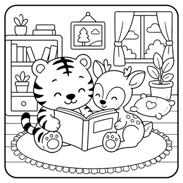 Tiger and Deer Comfy days cute and comfy cozy coloring pages