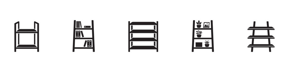 Bookshelf rack and home plant display shelf icon set. Wooden living room furniture, library folder storage, interior ladder decoration symbols. Vector illustration.  © Roberto_Caravelli