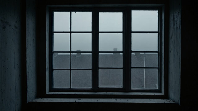 View through a dusty, dark industrial window overlooking a gloomy rooftop