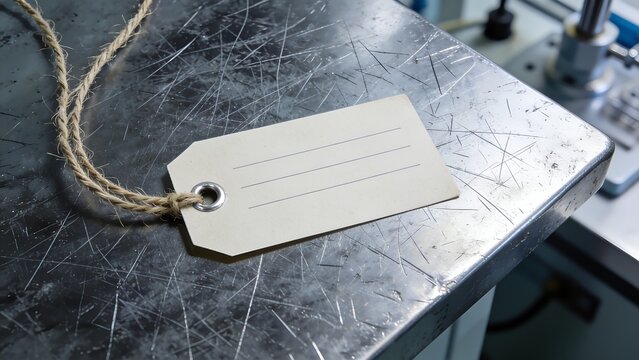 A small rectangular paper price tag with a brown twine string rests upon a metallic industrial workbench surface showing many scratches in the clear lighting
