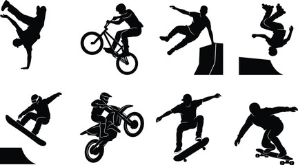 Naklejka premium Extreme sports vector silhouette set featuring bmx skateboarding motocross parkour rollerblading and breakdancing action stunts