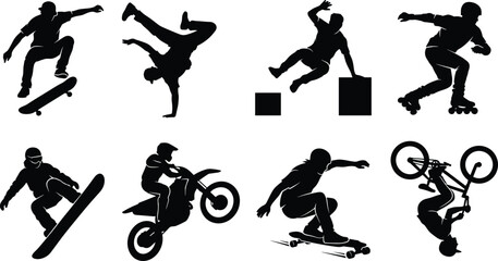 Naklejka premium Extreme sports silhouette vector set featuring skateboarding breakdancing parkour rollerblading snowboarding motocross and bmx tricks