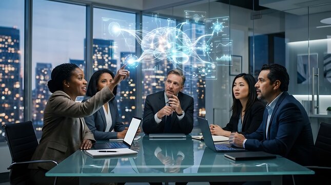 Business professionals analyzing a glowing brain hologram in a boardroom