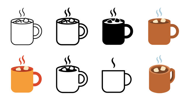 A collection of icons illustrating mug heaters or warmers showing heat emission in various styles and colors