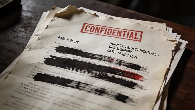 Old vintage paper document featuring a bold red confidential stamp and heavy black ink redactions on text related to a mysterious nineteen seventies government project file