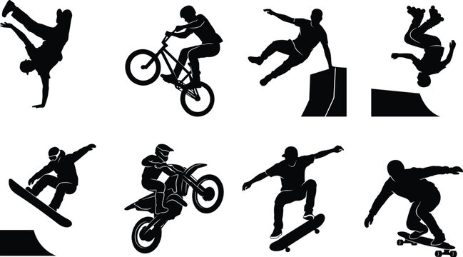 Extreme sports vector silhouette set featuring bmx skateboarding motocross parkour rollerblading and breakdancing action stunts
