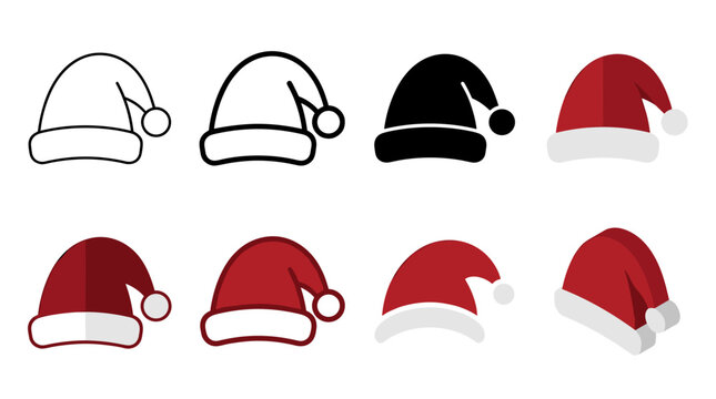 Collection of festive holiday hats in various styles including flat solid outline and shaded designs