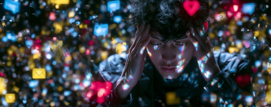 Young man holding his head in stress surrounded by a chaotic storm of glowing social media icons, concept for mental health awareness, digital overload illustration and addiction campaigns