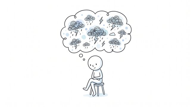 Illustration of a person with storm clouds in a thought bubble representing anxiety and mental struggle