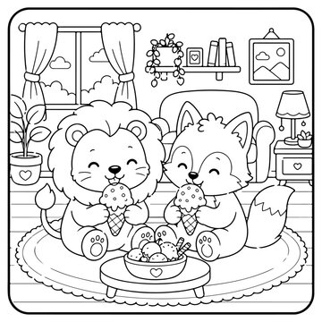 Lion and Wolf Comfy days cute and comfy cozy coloring pages