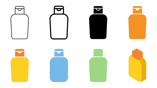 Collection of colorful cosmetic bottles and containers in various styles and perspectives