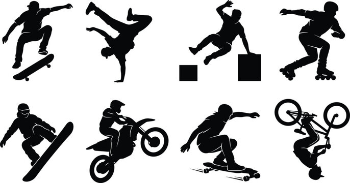 Extreme sports silhouette vector set featuring skateboarding breakdancing parkour rollerblading snowboarding motocross and bmx tricks