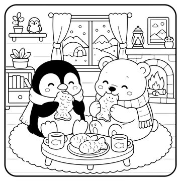 Penguin and Polar Bear Comfy days cute and comfy cozy coloring pages
