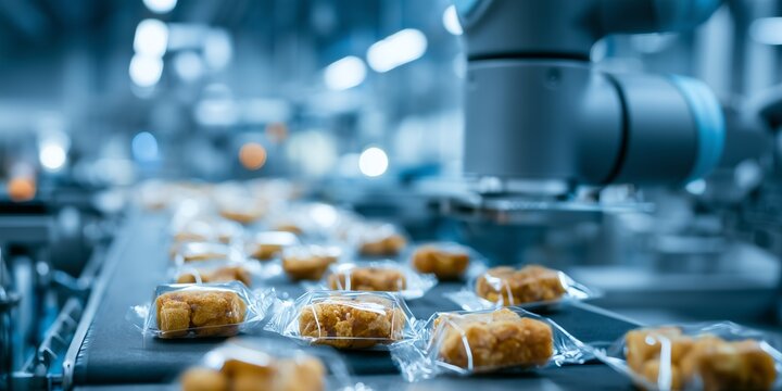 Robotic arm packaging food products on a conveyor belt in a high-tech automated industrial factory, concept for smart manufacturing, food industry automation and advanced robotics