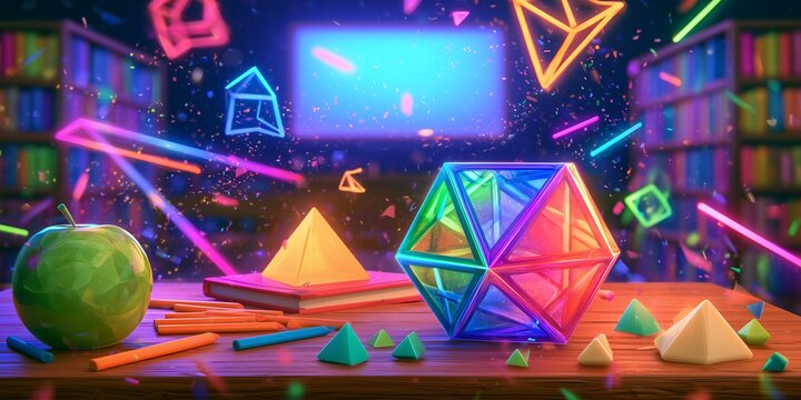 Colorful glowing neon geometric 3D shapes and green apple on wooden desk in library classroom background, concept for educational technology, digital learning and mathematics illustration