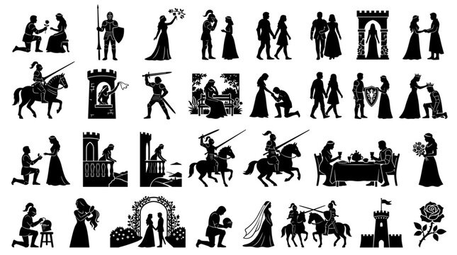 Varied Black Medieval Fairy Tale Character Silhouettes for Fantasy and History Themes