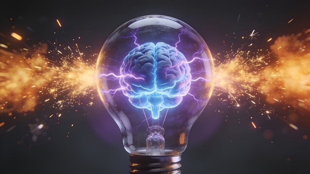 Glowing human brain inside a clear glass light bulb emitting brilliant electric sparks and vibrant purple energy currents against a dark background in this conceptual image