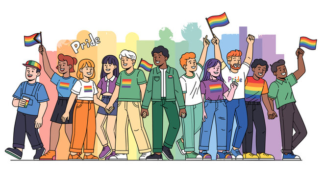 A diverse group of people celebrating Pride, holding various LGBTQ+ flags against a stylized cityscape background.