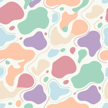 Abstract organic seamless pattern with pastel liquid blobs and fluid wavy lines on a white background.