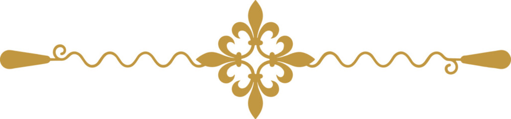 Ornate golden flourish design element with symmetrical fleur de lis in the center and wavy lines extending to decorative ends on a transparent background symbolizing elegance and tradition © Kumot Roy