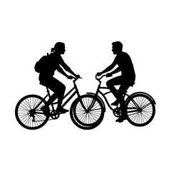 Fototapeta premium Black silhouettes, couple riding bicycles, tandem bike, cycling duo, outdoor recreation isolated on White Background silhouette