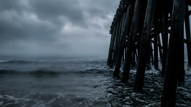 Moody wooden pier stretching into dark misty ocean under cloudy sky