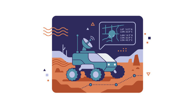 Futuristic planetary rover exploring mars surface with digital tracking coordinate interface vector illustration.