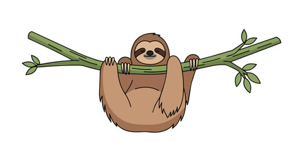 Naklejka premium Cute Brown Sloth Hanging on a Green Tree Branch Illustration Isolated on White Background for Wildlife Projects