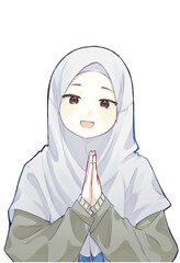Anime-style girl in white hijab with hands pressed together in a respectful greeting gesture, smiling gently.