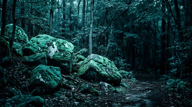 Mossy rocks in a dark mysterious forest with moody teal lighting