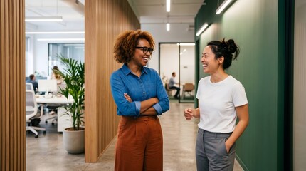 Fototapeta premium Two professionals engaged in a casual conversation within a modern office environment with wooden accents and natural lighting.