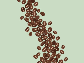 Roasted coffee beans falling on a light green background © dori