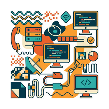 Flat vector illustration of computer coding and network technology