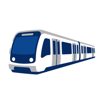 Modern blue and white subway train isolated on white background