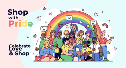 A diverse group of people celebrating Pride, shopping, and community under a vibrant rainbow arch with shopping cart icons, promoting love and inclusivity. © agus