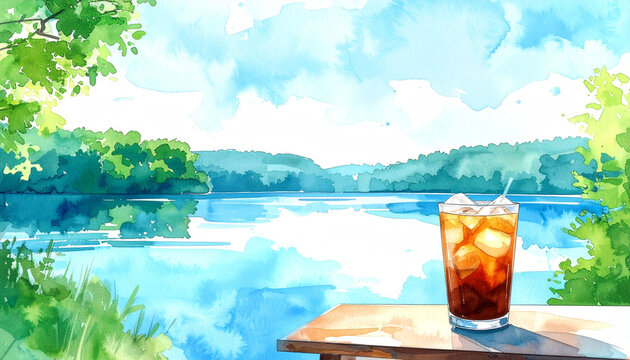 湖畔のカフェテラスと涼しげなアイスコーヒーの水彩画風イラスト　夏のリゾートや避暑地をイメージした清涼感のある風景背景素材　文字入れ用コピースペースと爽やかな空の広がりがあるポスターやWebバナー用デザイン素材