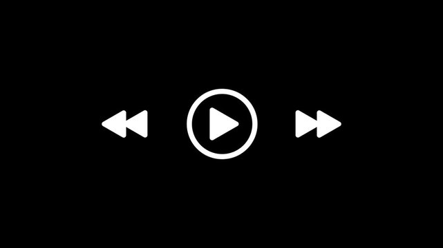 Minimalist white video player icons animation on black background, including play, rewind, and fast forward buttons, user interface design element, motion graphic.
