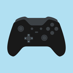A black wireless game controller on a light blue background © galih