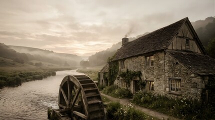 Fototapeta premium Old stone watermill by a misty river at sunrise in the countryside