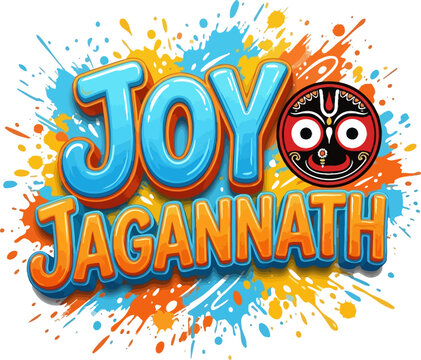 Joy Jagannath word art with colorful paint splashes and deity face vector illustration